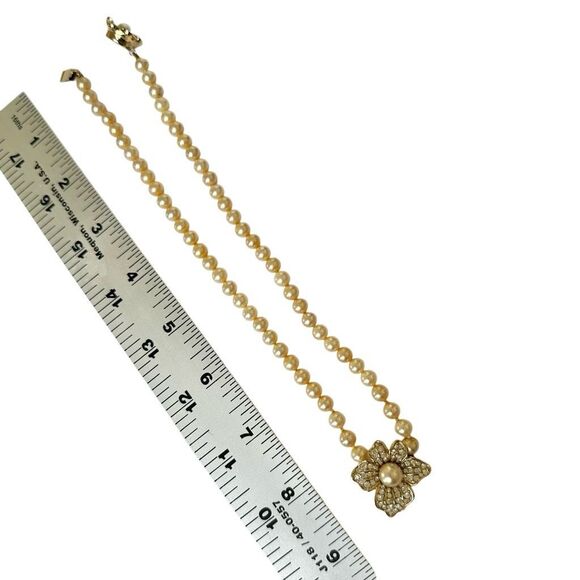 Vintage Attwood & Sawyer (A&S) Faux Pearl Necklace with Rhinestone Flower Clasp - Picture 8 of 12